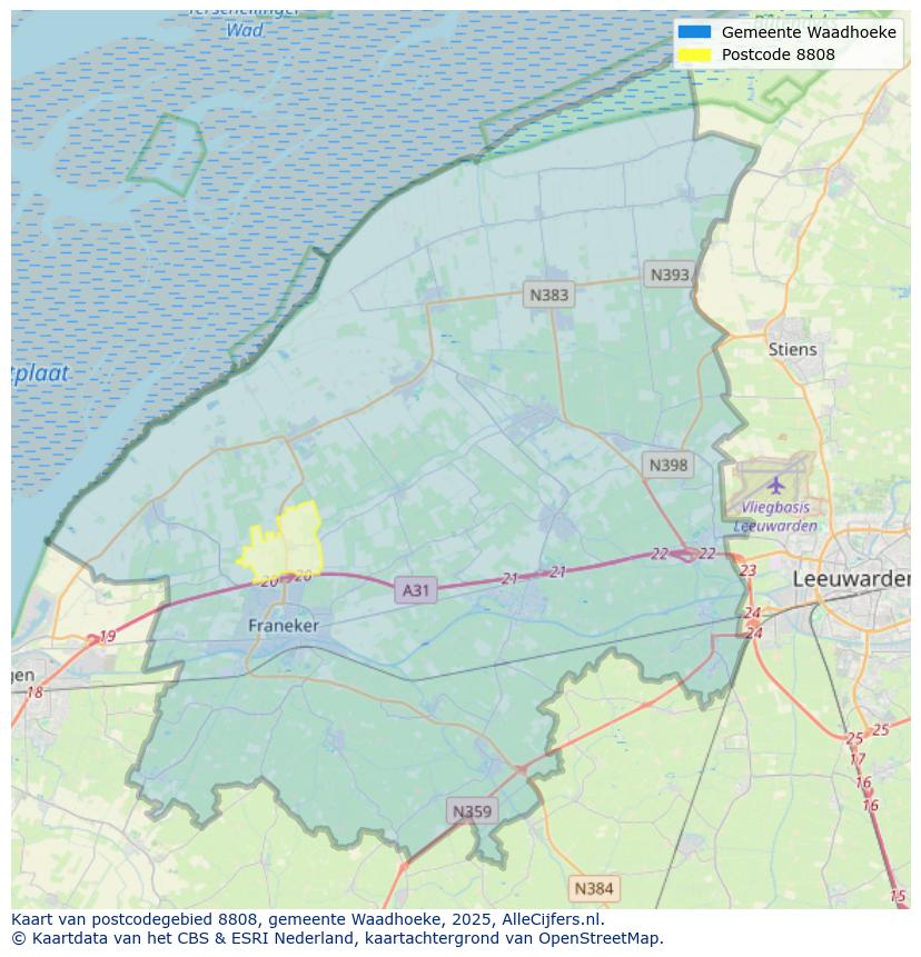 Afbeelding van het postcodegebied 8808 op de kaart.