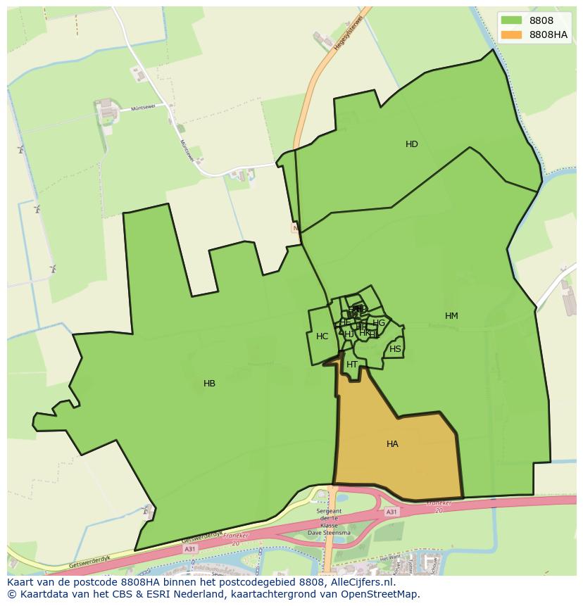Afbeelding van het postcodegebied 8808 HA op de kaart.