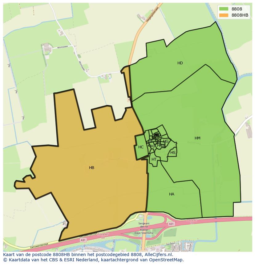 Afbeelding van het postcodegebied 8808 HB op de kaart.