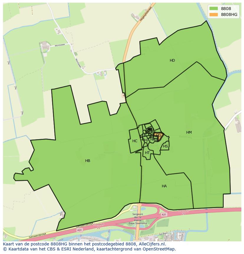 Afbeelding van het postcodegebied 8808 HG op de kaart.