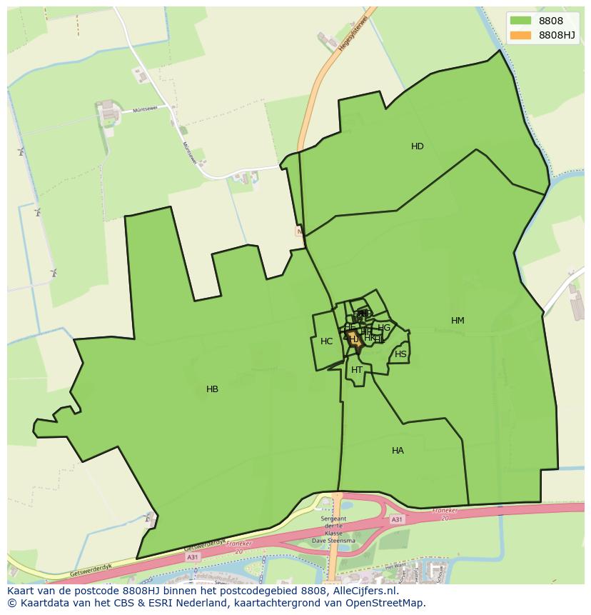 Afbeelding van het postcodegebied 8808 HJ op de kaart.