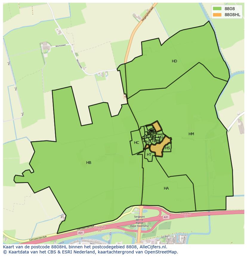 Afbeelding van het postcodegebied 8808 HL op de kaart.