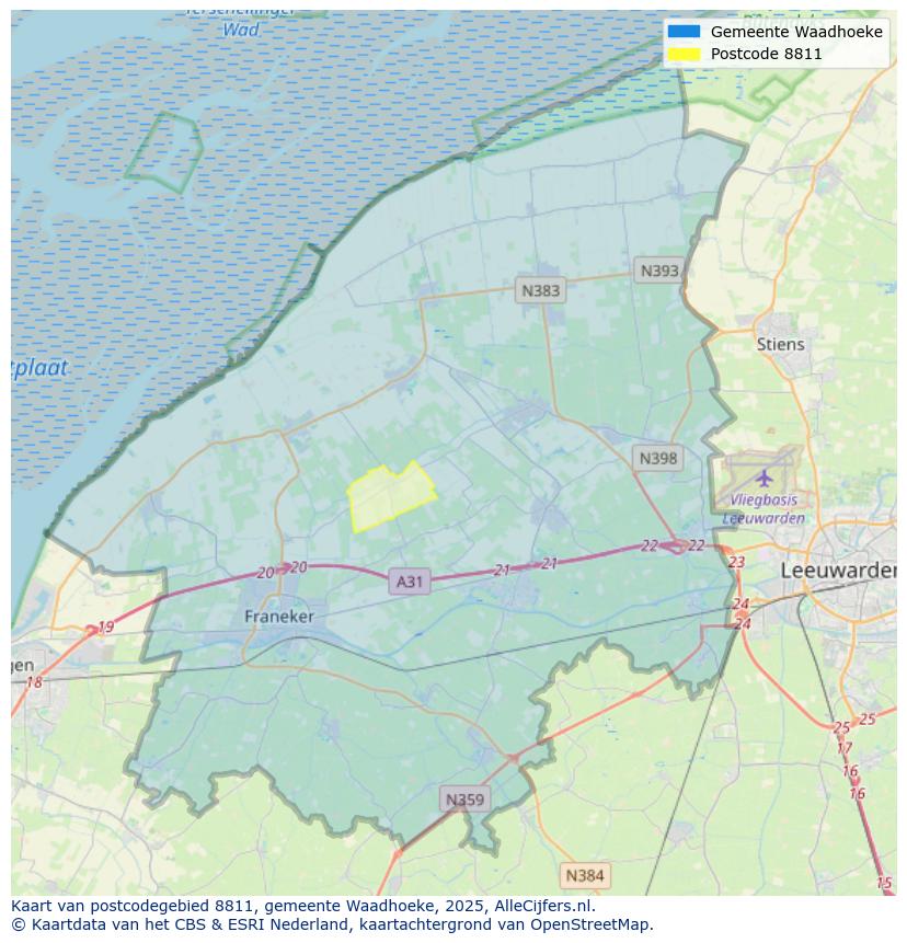 Afbeelding van het postcodegebied 8811 op de kaart.