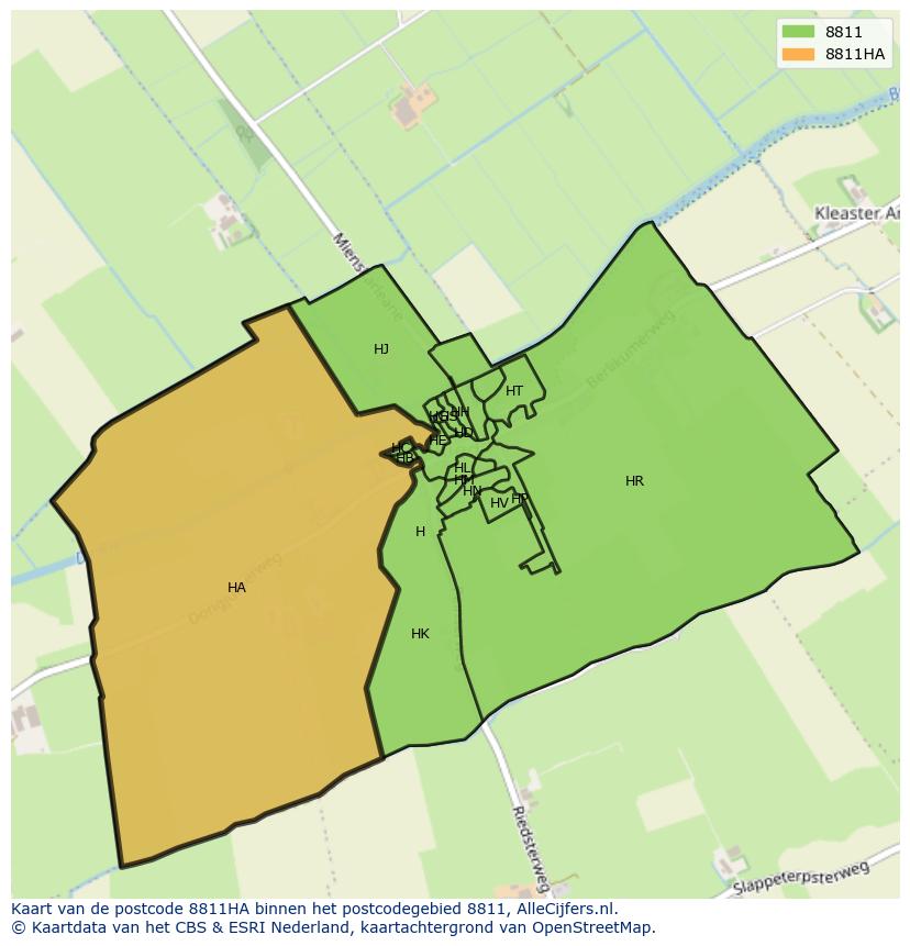 Afbeelding van het postcodegebied 8811 HA op de kaart.