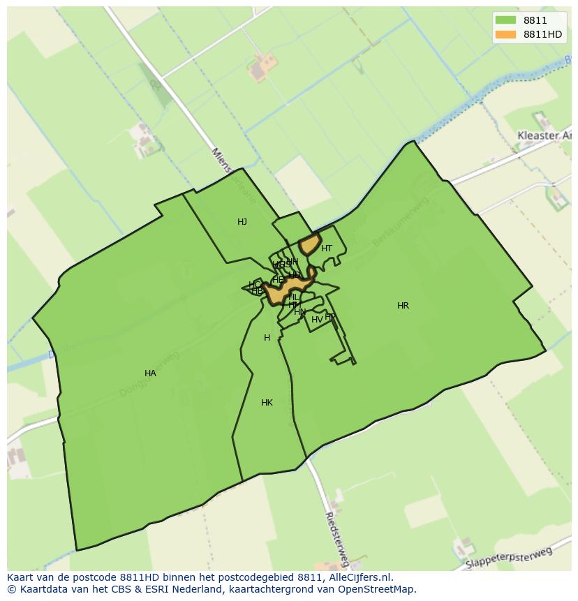 Afbeelding van het postcodegebied 8811 HD op de kaart.