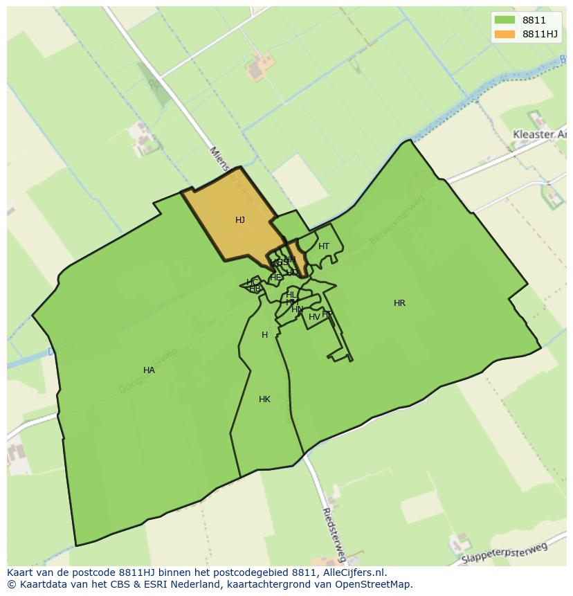 Afbeelding van het postcodegebied 8811 HJ op de kaart.