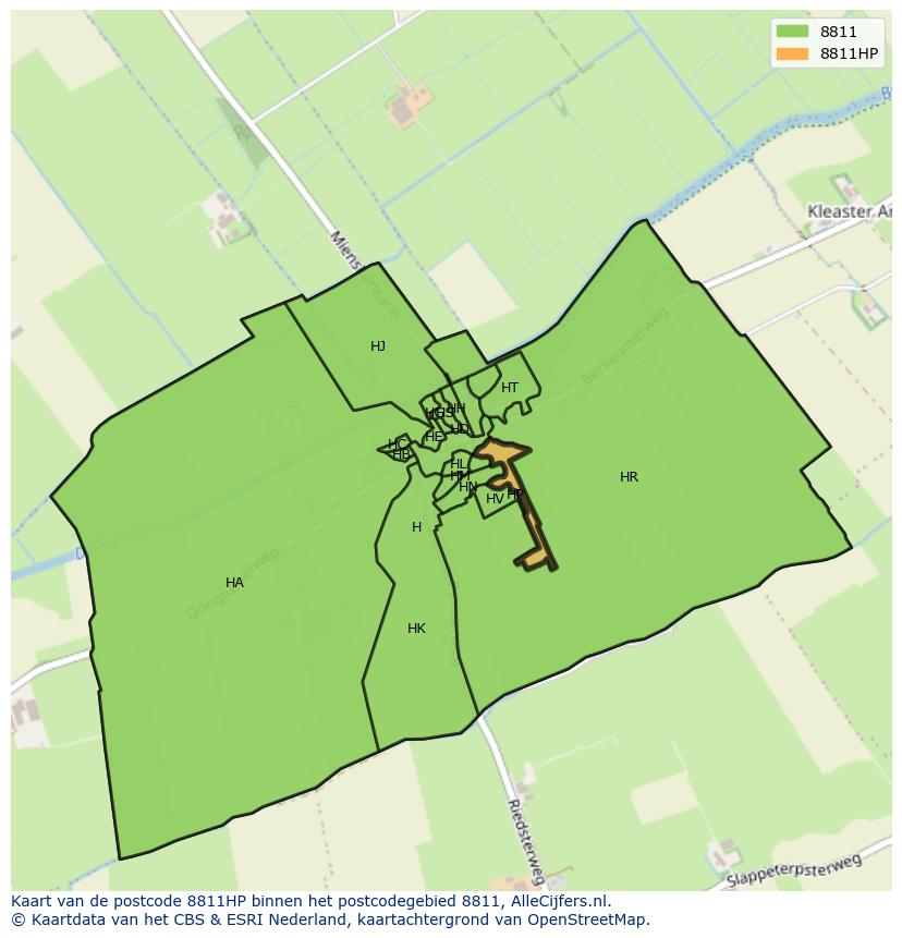 Afbeelding van het postcodegebied 8811 HP op de kaart.