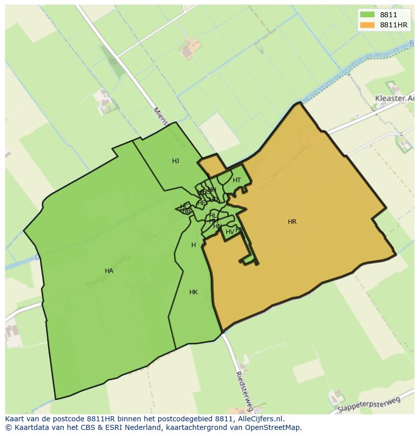Afbeelding van het postcodegebied 8811 HR op de kaart.