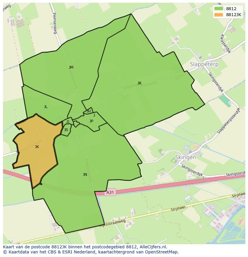 Afbeelding van het postcodegebied 8812 JK op de kaart.