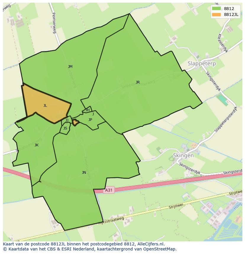 Afbeelding van het postcodegebied 8812 JL op de kaart.