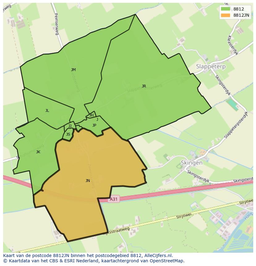 Afbeelding van het postcodegebied 8812 JN op de kaart.