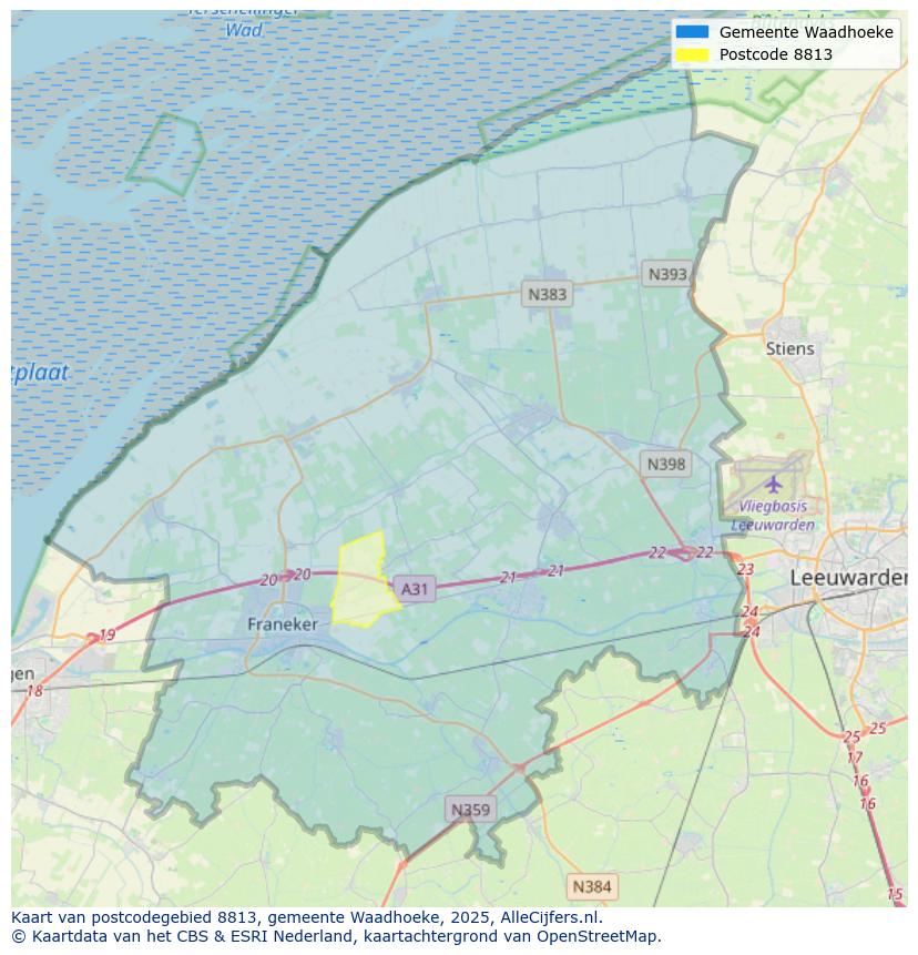 Afbeelding van het postcodegebied 8813 op de kaart.