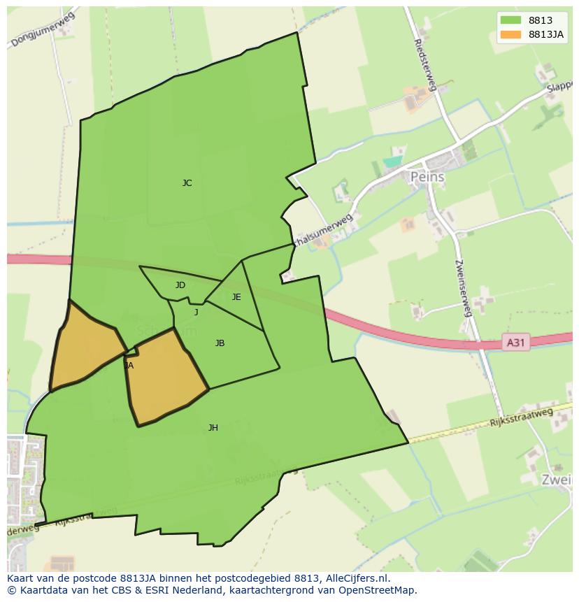 Afbeelding van het postcodegebied 8813 JA op de kaart.