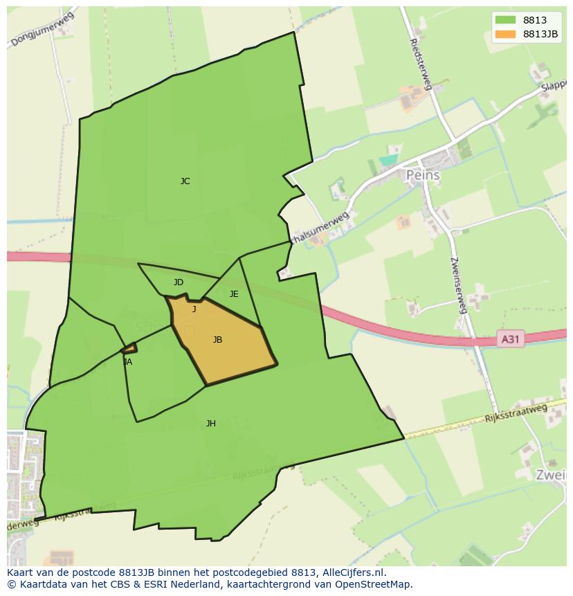 Afbeelding van het postcodegebied 8813 JB op de kaart.