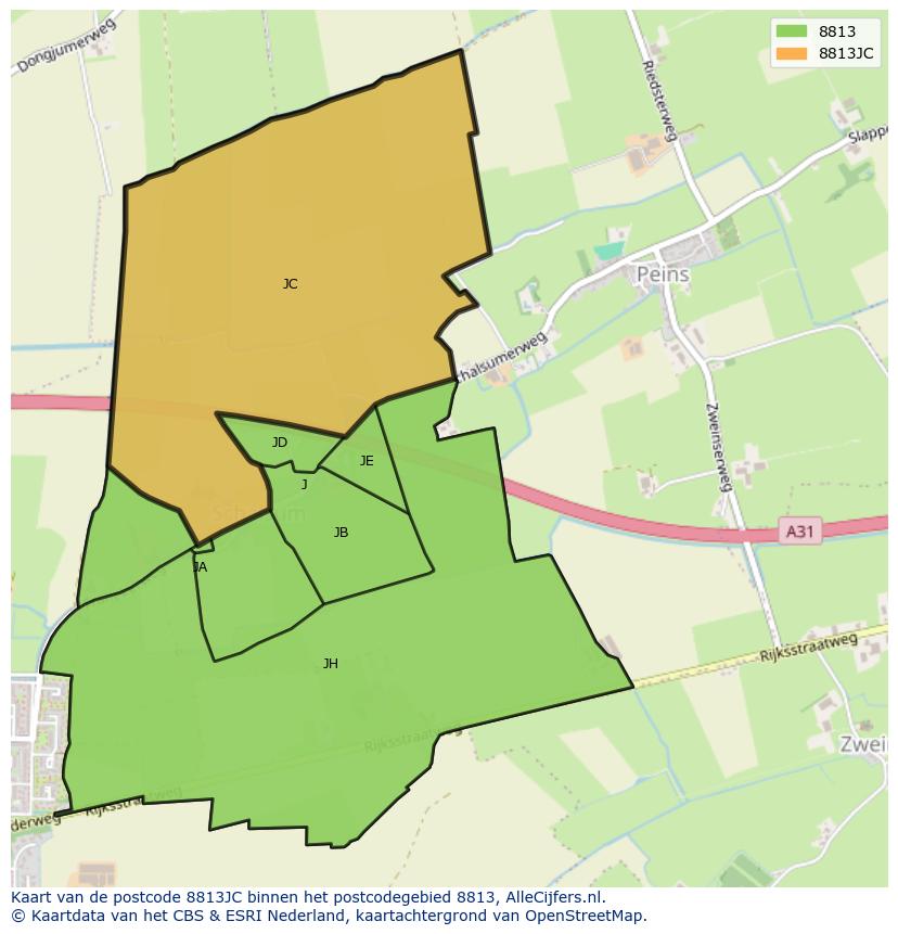 Afbeelding van het postcodegebied 8813 JC op de kaart.