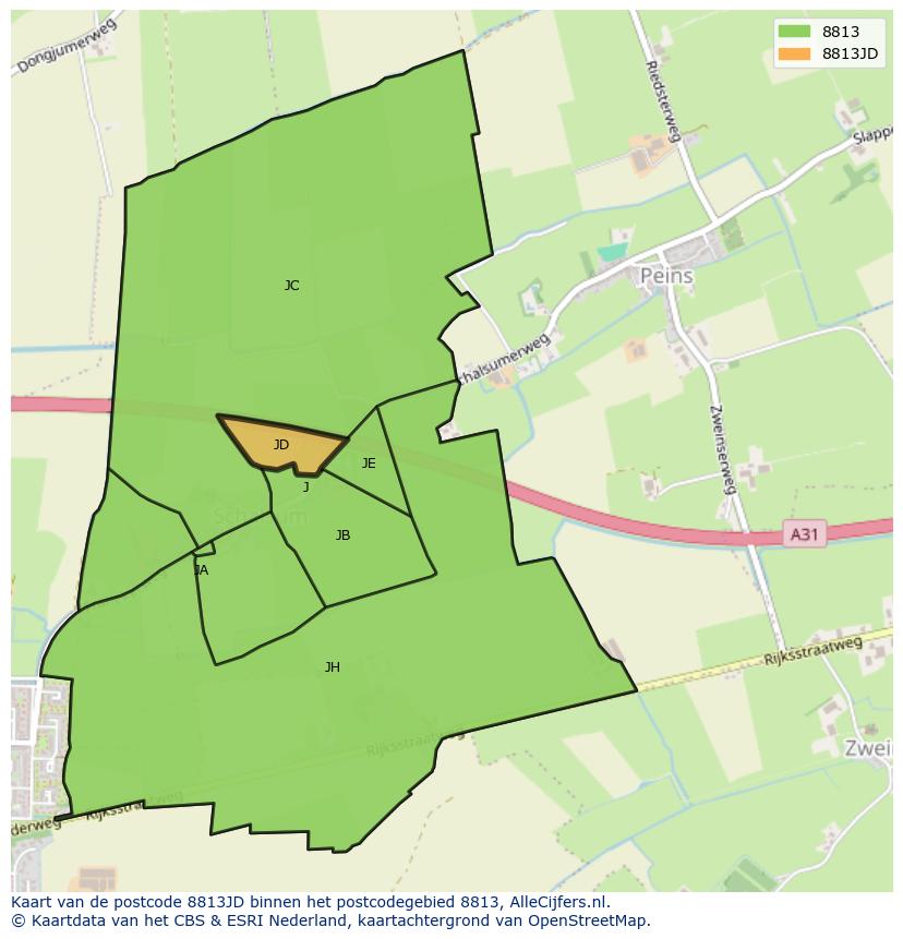 Afbeelding van het postcodegebied 8813 JD op de kaart.