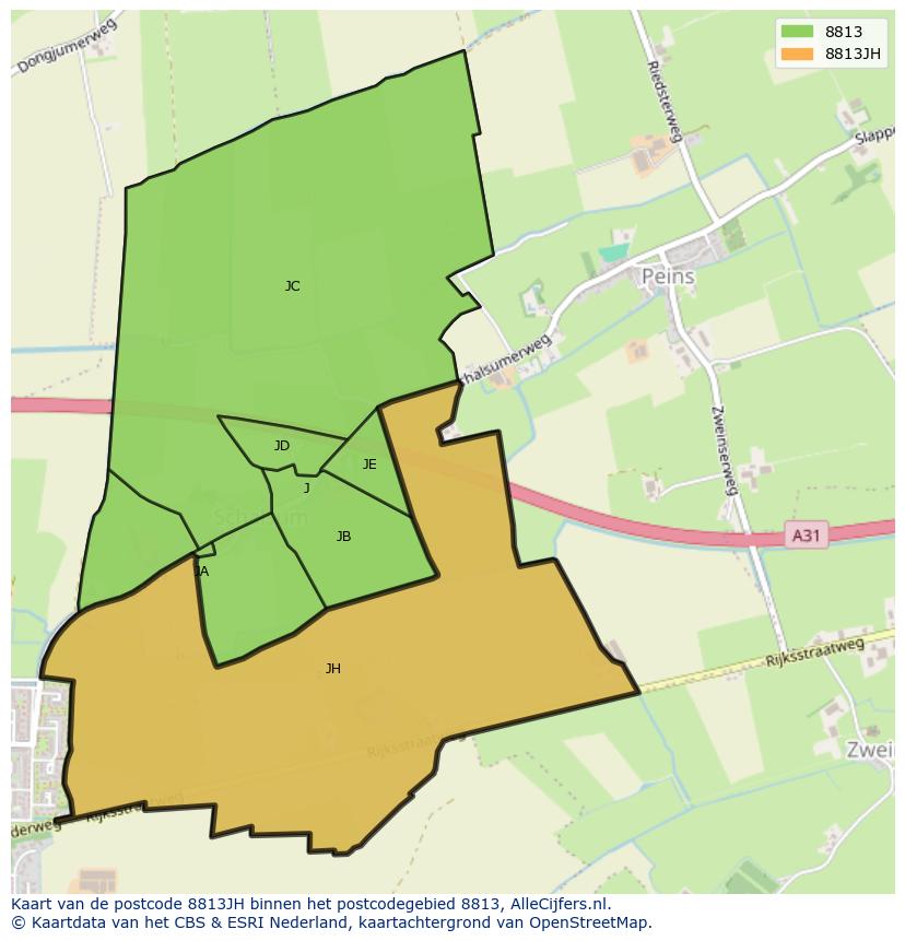 Afbeelding van het postcodegebied 8813 JH op de kaart.