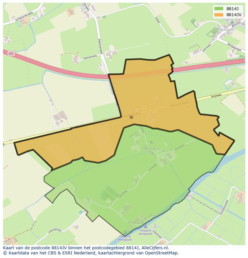 Afbeelding van het postcodegebied 8814 JV op de kaart.
