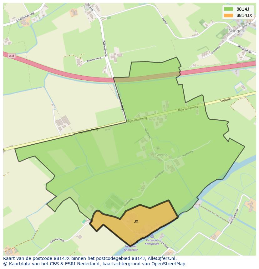 Afbeelding van het postcodegebied 8814 JX op de kaart.
