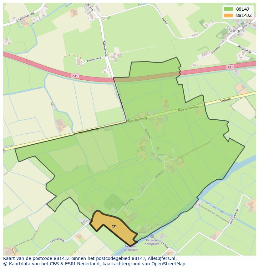Afbeelding van het postcodegebied 8814 JZ op de kaart.