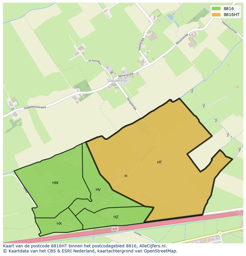 Afbeelding van het postcodegebied 8816 HT op de kaart.