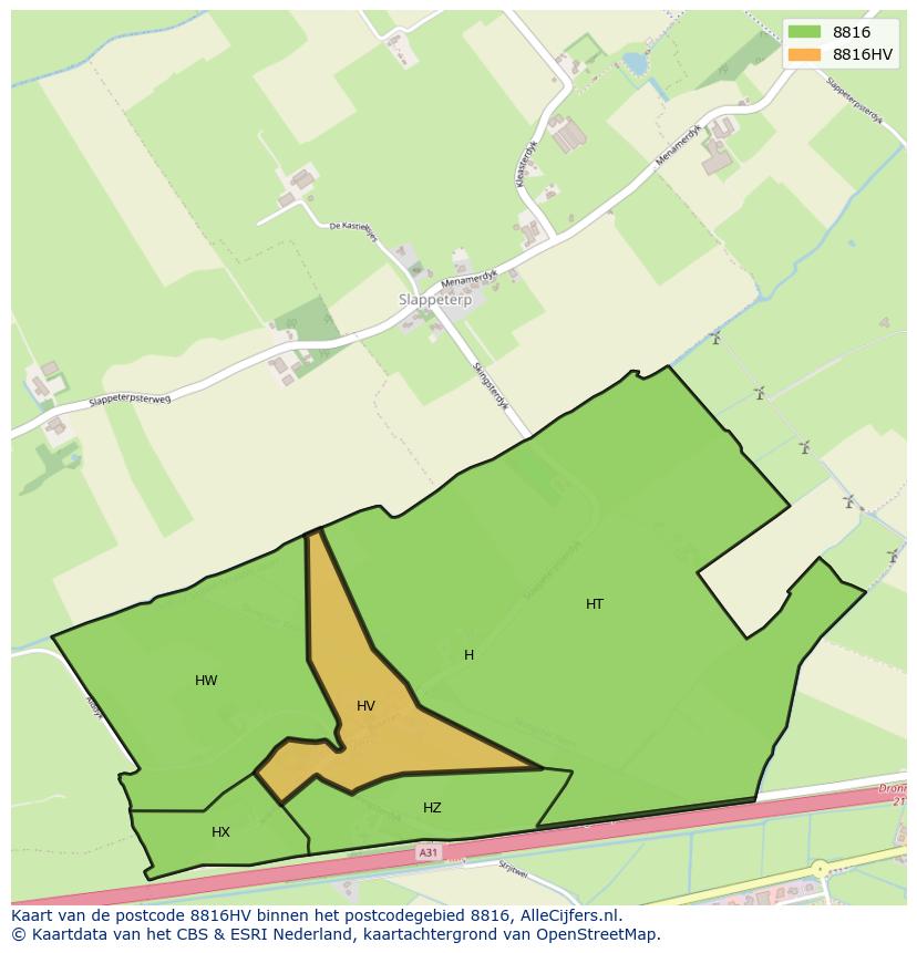 Afbeelding van het postcodegebied 8816 HV op de kaart.