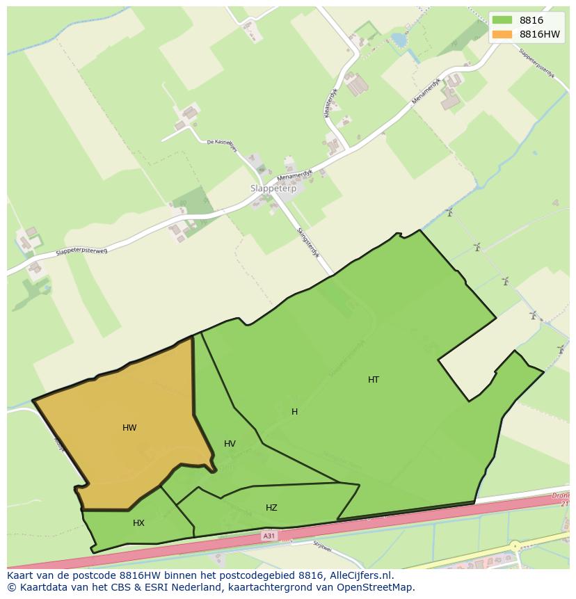 Afbeelding van het postcodegebied 8816 HW op de kaart.