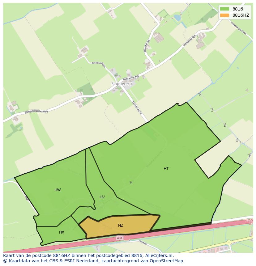 Afbeelding van het postcodegebied 8816 HZ op de kaart.