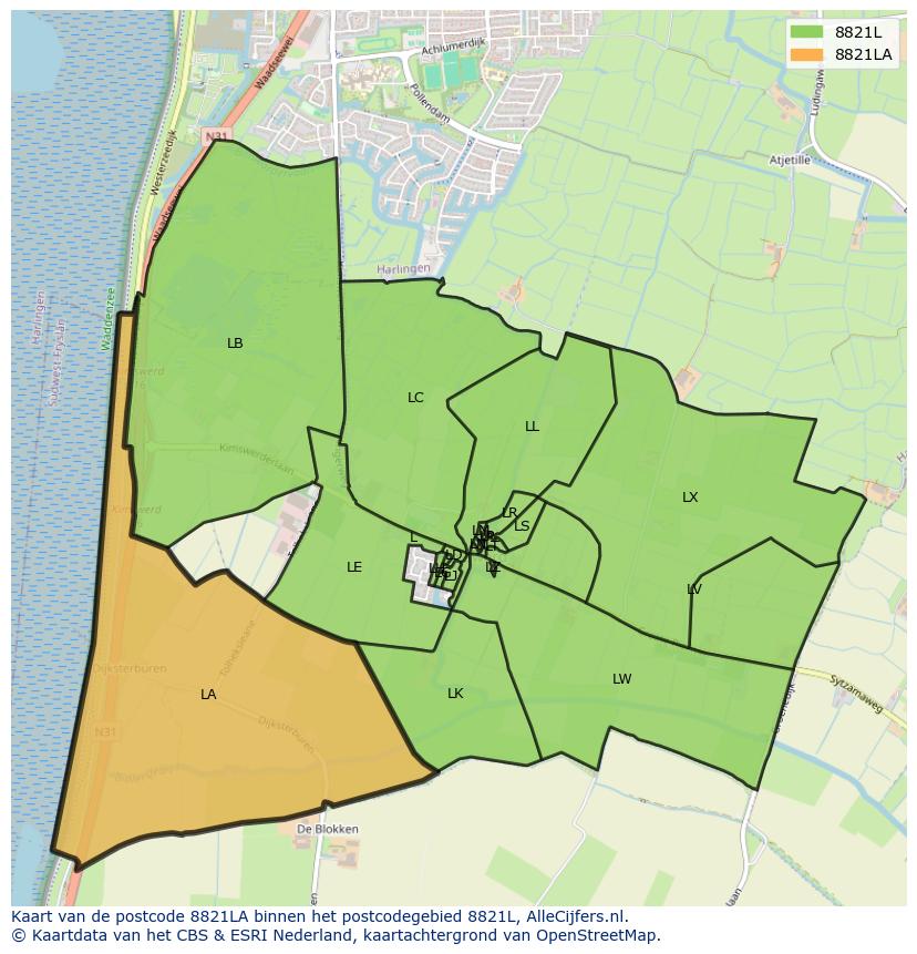 Afbeelding van het postcodegebied 8821 LA op de kaart.