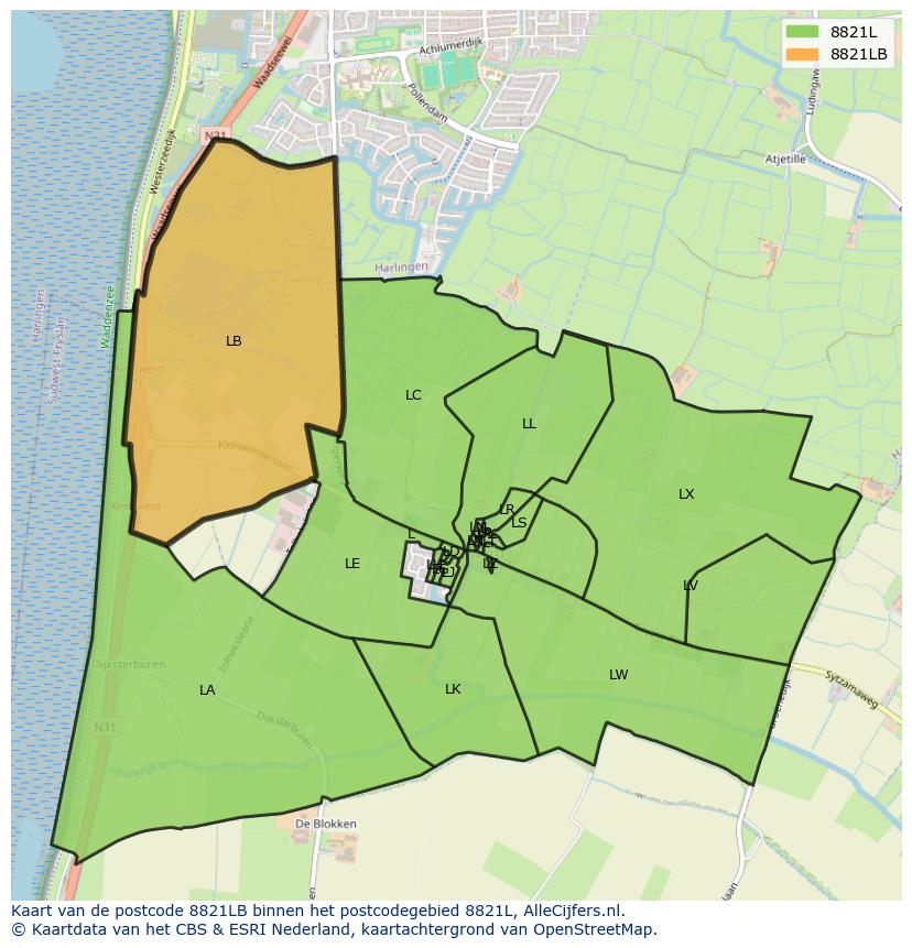 Afbeelding van het postcodegebied 8821 LB op de kaart.