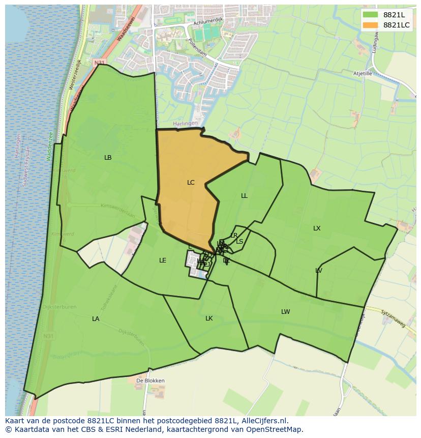 Afbeelding van het postcodegebied 8821 LC op de kaart.