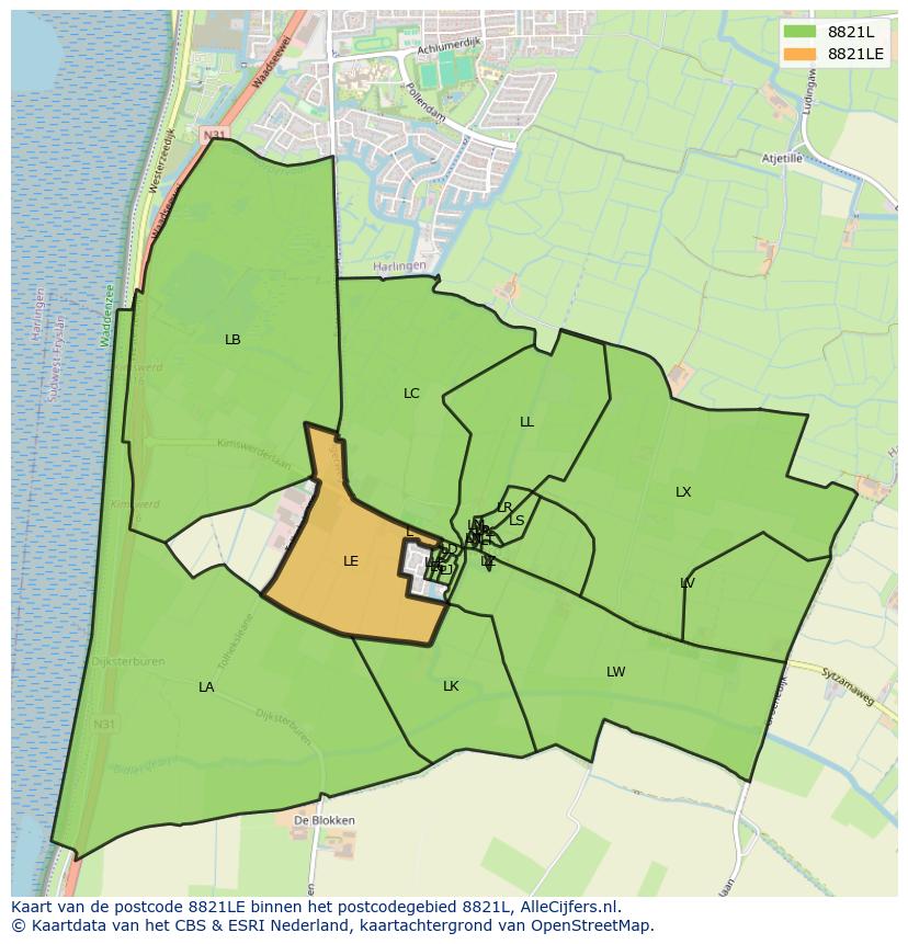 Afbeelding van het postcodegebied 8821 LE op de kaart.