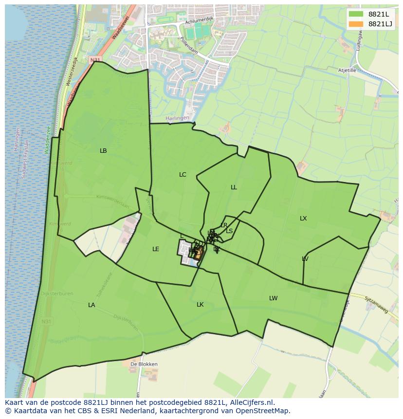 Afbeelding van het postcodegebied 8821 LJ op de kaart.