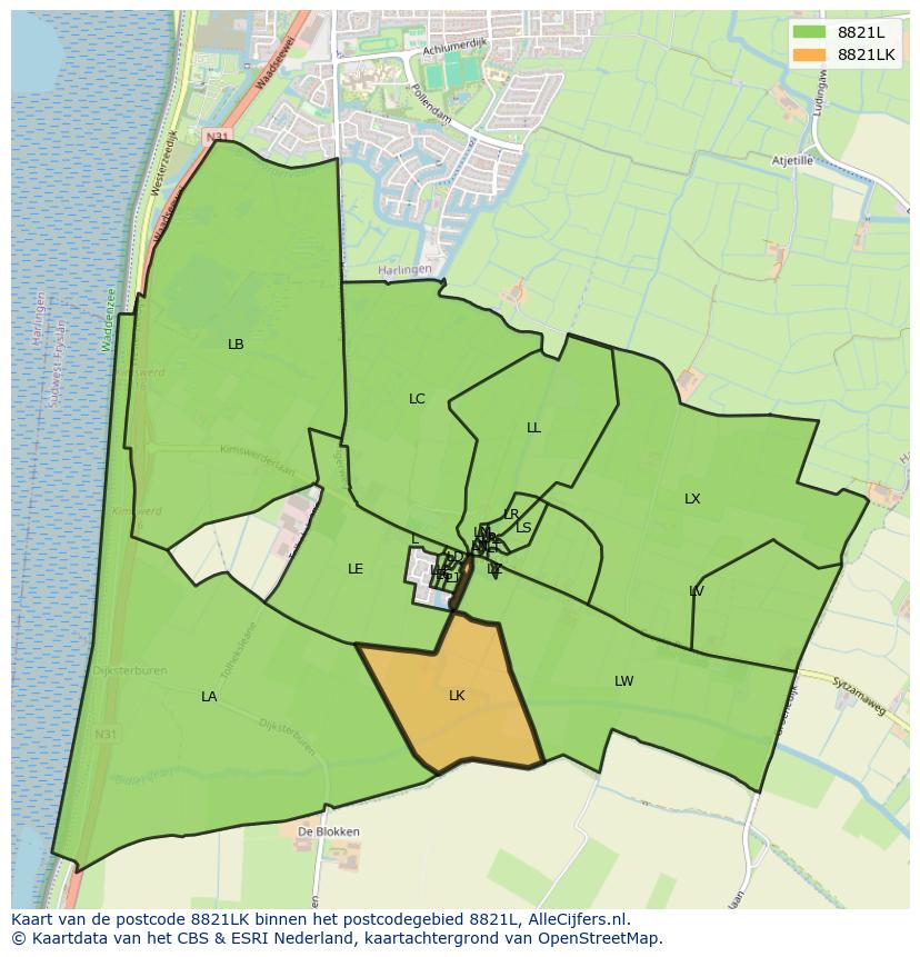 Afbeelding van het postcodegebied 8821 LK op de kaart.