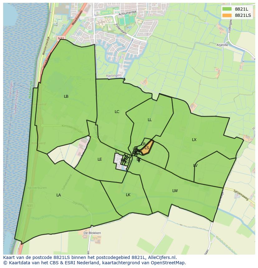 Afbeelding van het postcodegebied 8821 LS op de kaart.