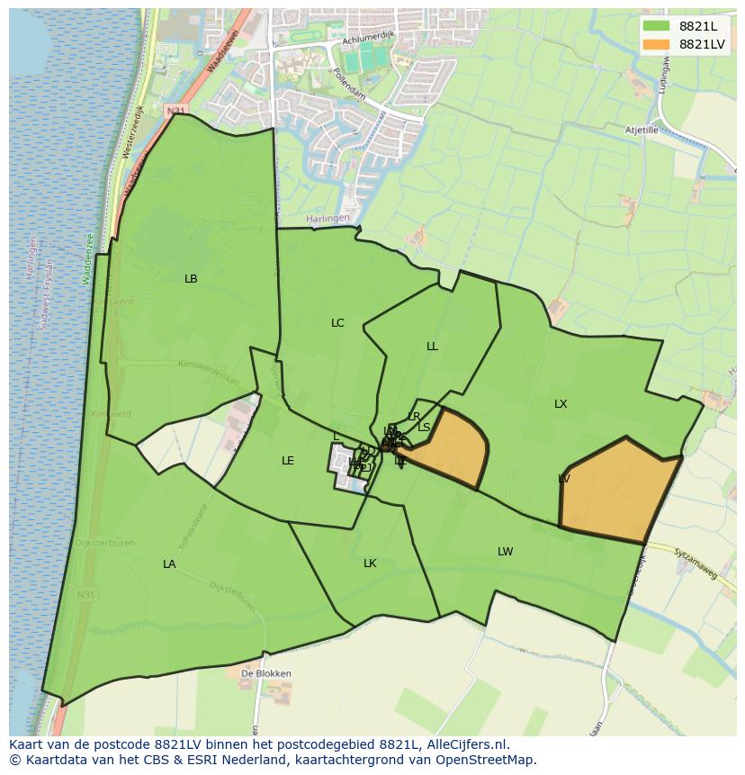 Afbeelding van het postcodegebied 8821 LV op de kaart.