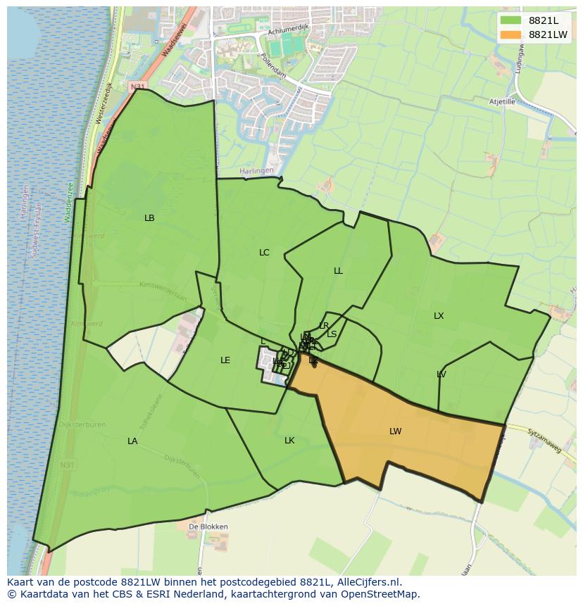 Afbeelding van het postcodegebied 8821 LW op de kaart.
