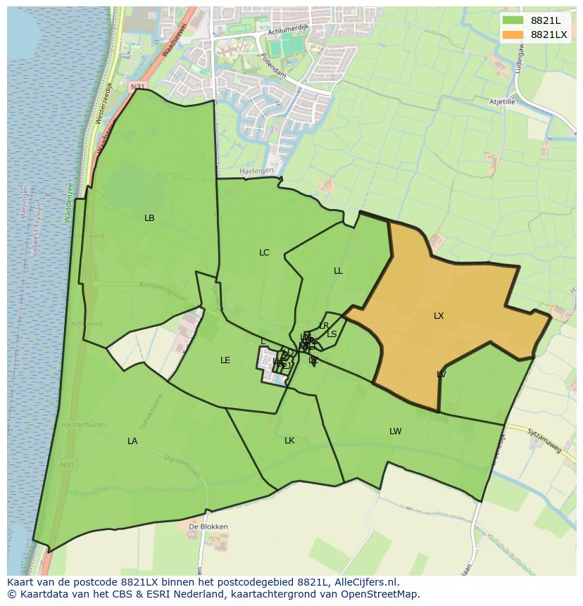 Afbeelding van het postcodegebied 8821 LX op de kaart.