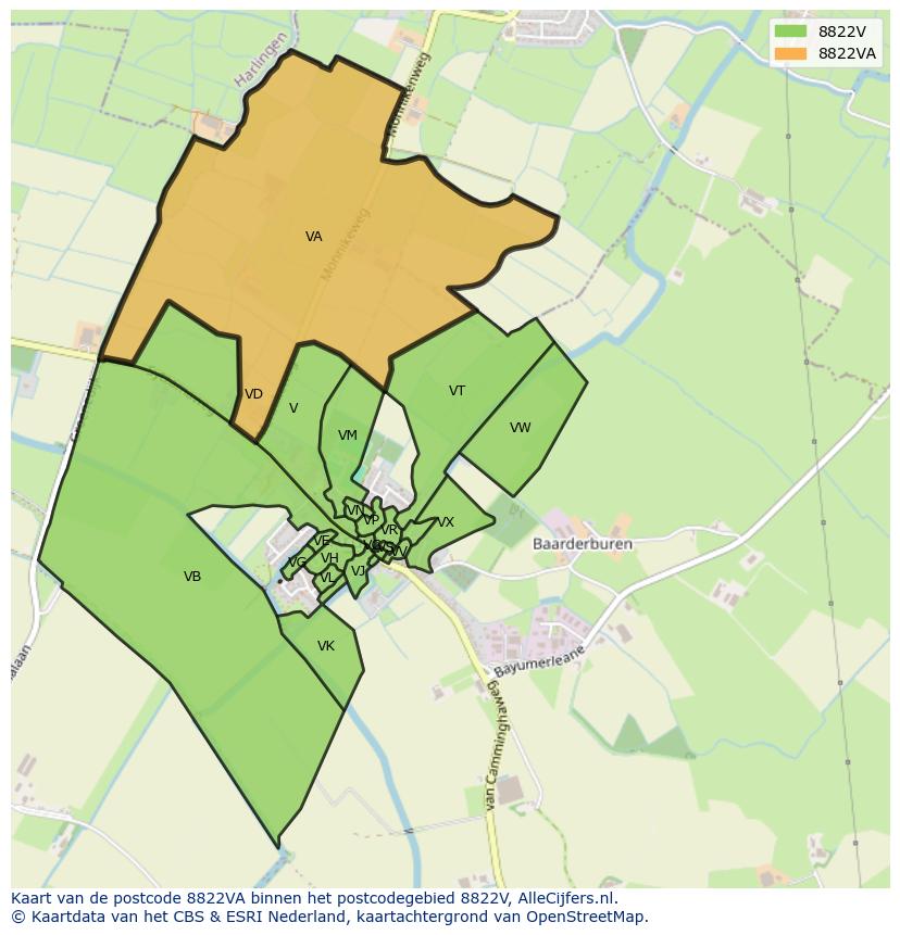 Afbeelding van het postcodegebied 8822 VA op de kaart.