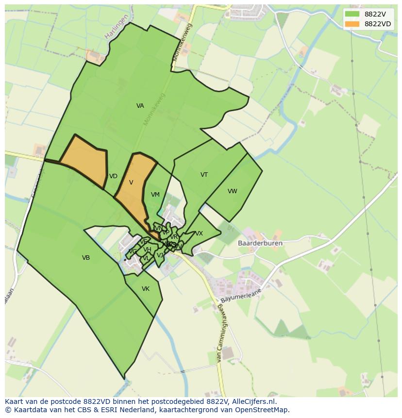 Afbeelding van het postcodegebied 8822 VD op de kaart.