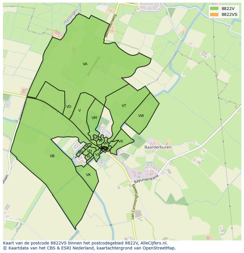 Afbeelding van het postcodegebied 8822 VS op de kaart.