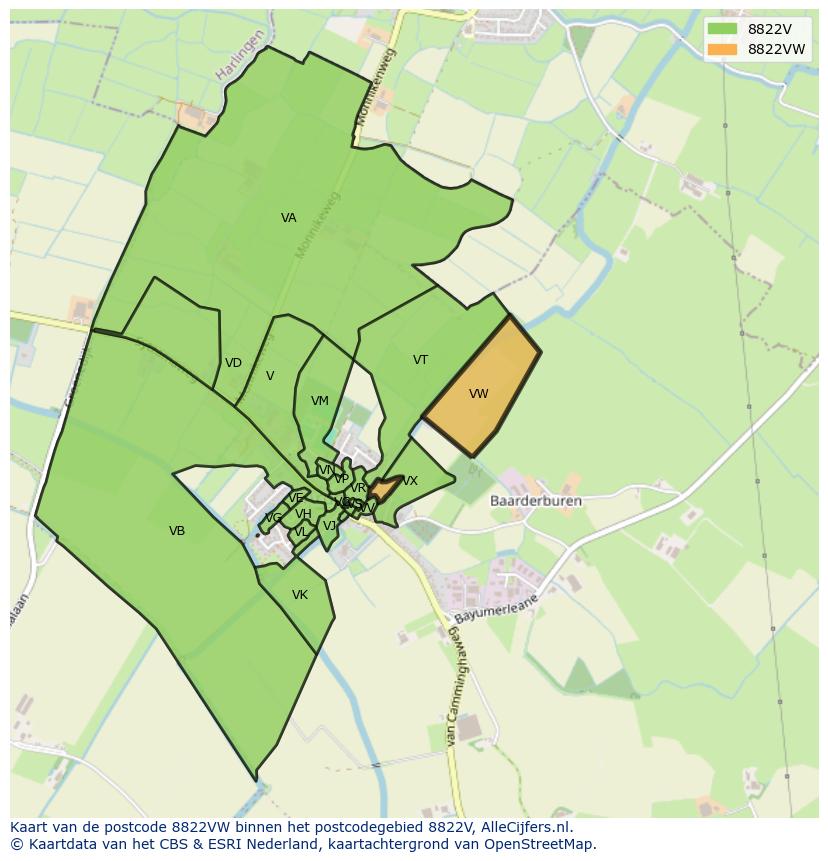 Afbeelding van het postcodegebied 8822 VW op de kaart.