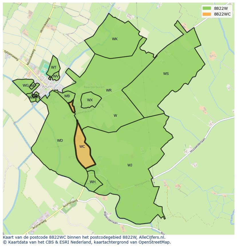 Afbeelding van het postcodegebied 8822 WC op de kaart.