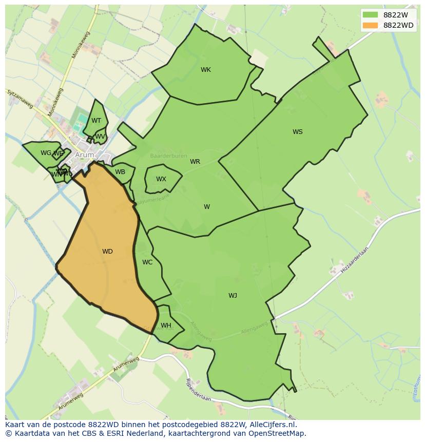 Afbeelding van het postcodegebied 8822 WD op de kaart.