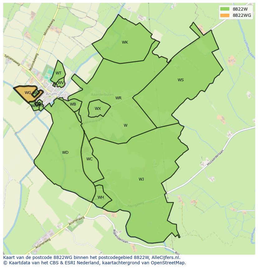 Afbeelding van het postcodegebied 8822 WG op de kaart.
