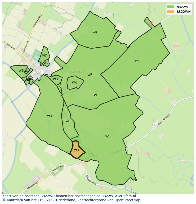 Afbeelding van het postcodegebied 8822 WH op de kaart.