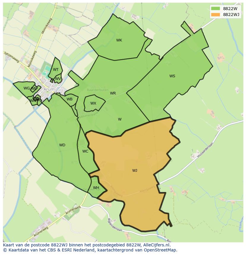 Afbeelding van het postcodegebied 8822 WJ op de kaart.