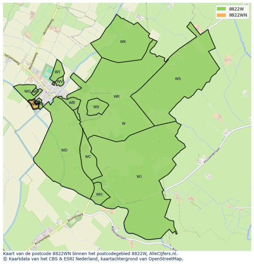 Afbeelding van het postcodegebied 8822 WN op de kaart.