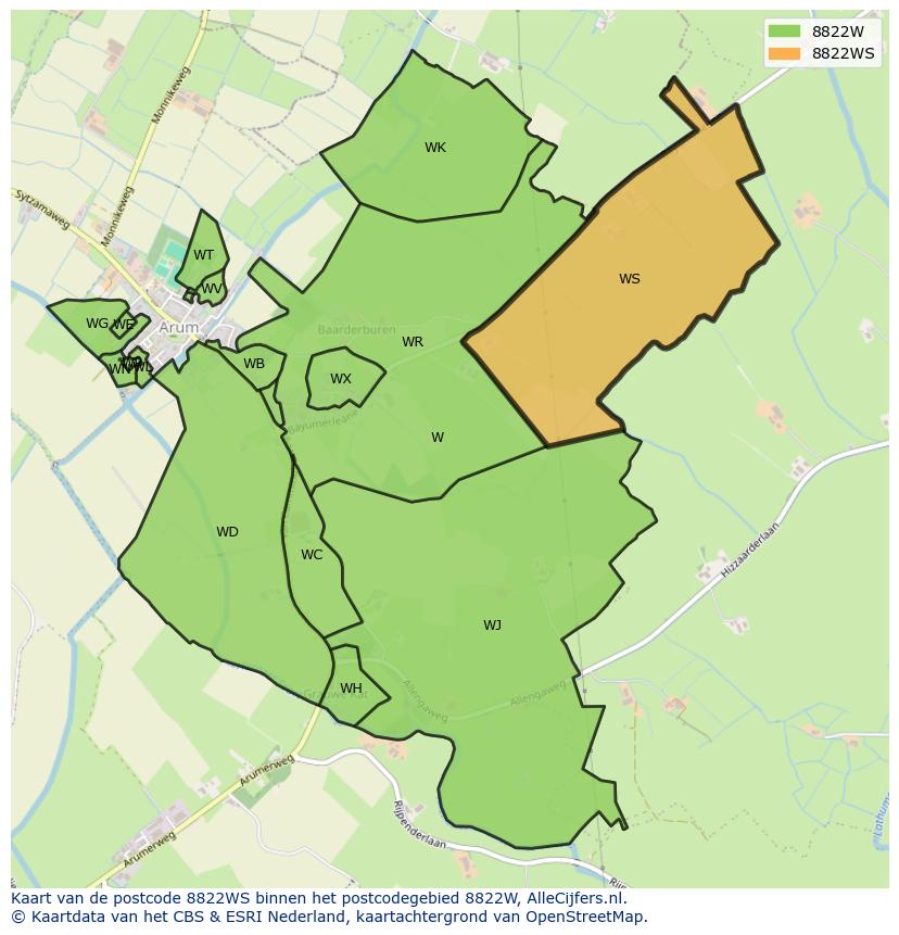 Afbeelding van het postcodegebied 8822 WS op de kaart.