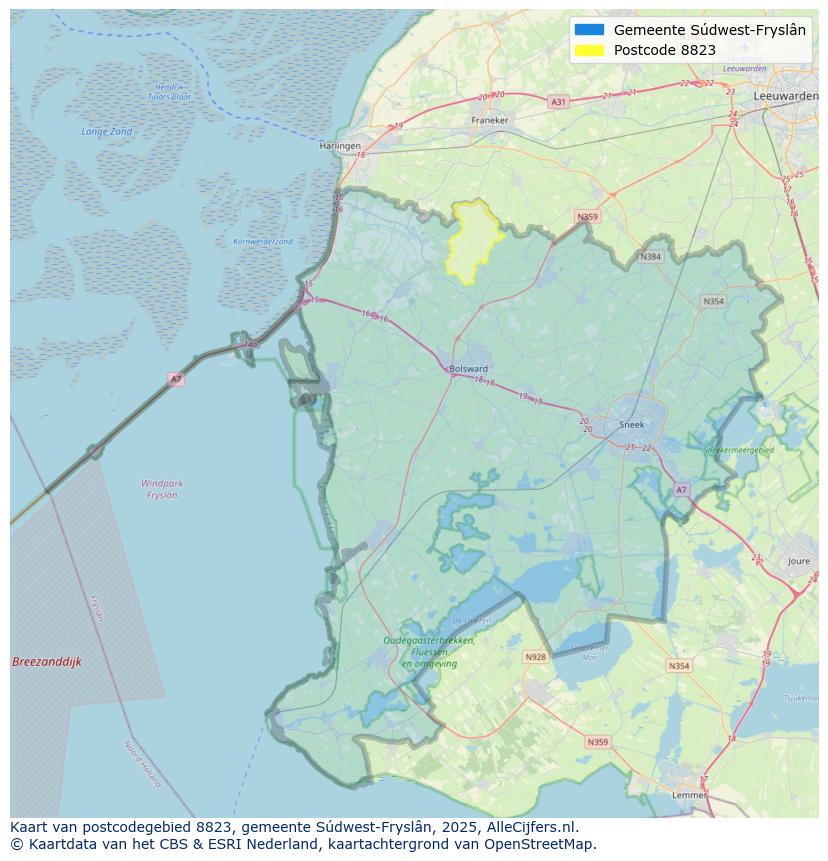 Afbeelding van het postcodegebied 8823 op de kaart.